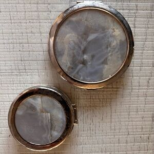 Polished Silver and Mother of Pearl Compact Mirror & Pill Box